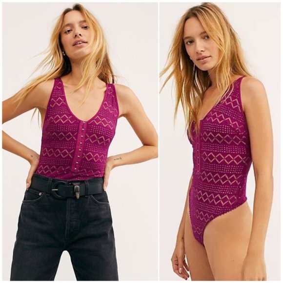 FREE PEOPLE Thank You Never Bodysuit Mesh Lace Purple Tank Top V Neck Small New - Picture 5 of 6